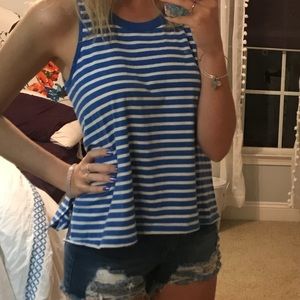 Blue and ivory striped top with high/low hem